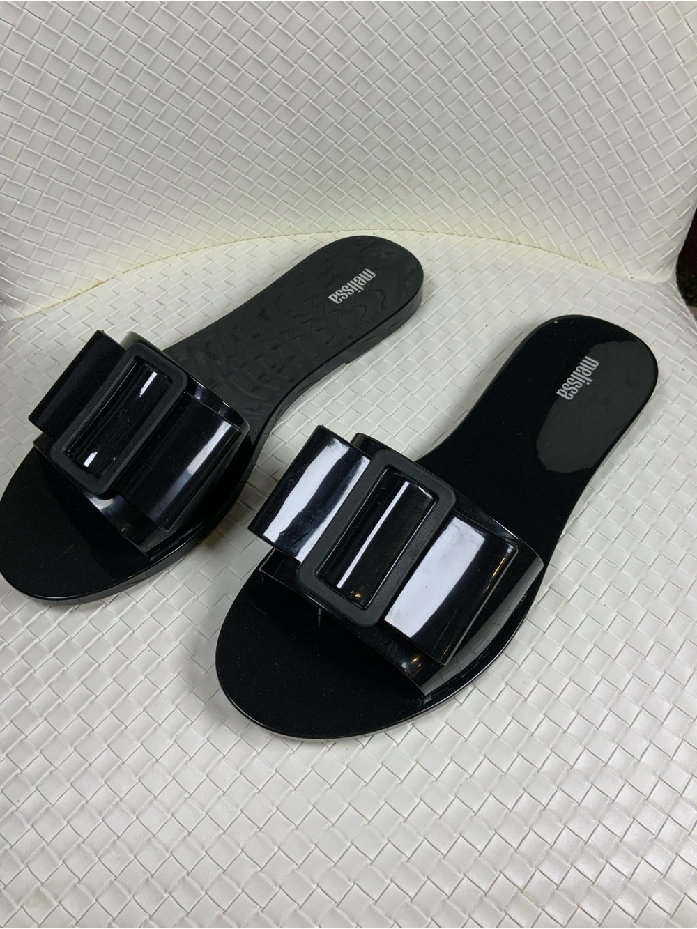 Melissa Black Patent Slide Sandals with Decorative Buckle